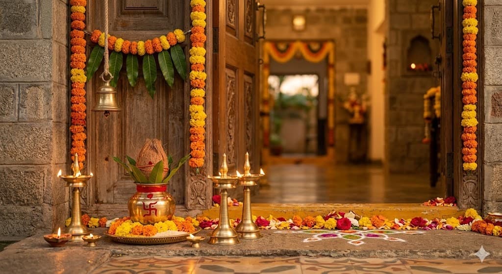 Marigold-decorated home entrance for Griha Pravesh puja